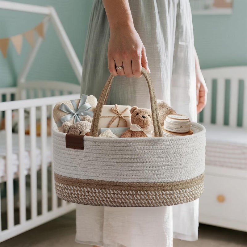 DECOMOMO Baby Caddy Organizer, Diaper Caddy Basket, Baby Baskets for Baby Shower (Spiral Beige & White, Large) - Image 4